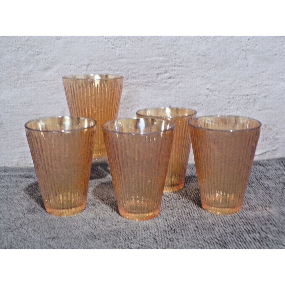 Vintage Jeanette Tree Bark Marigold Iridescent Carnival Juice Glasses Set of 5